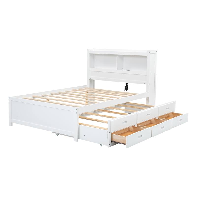 Full Size Platform Bed with Trundle, Drawers, USB Plugs, and Storage Shelves, White