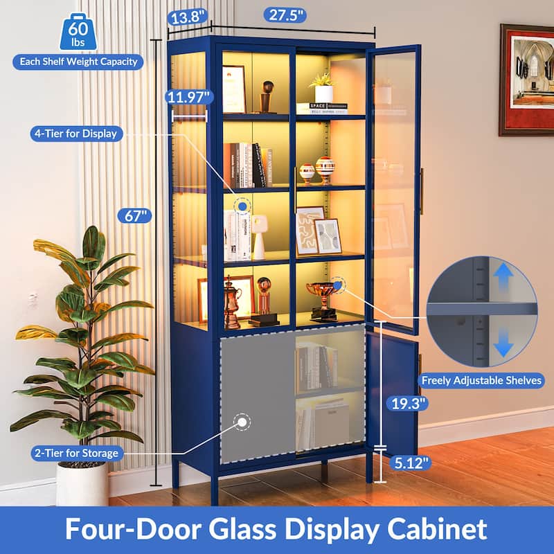 6-Tier Tempered Glass Curio Display Cabinet with 4 Doors, Adjustable Shelves, 13 Color Lights