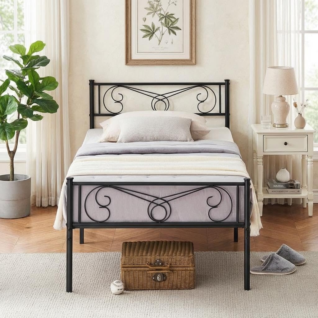 14 Inch Twin Size Metal Bed Frame, Platform Bed with Headboard & Footboard, Under-Bed Storage, No Box Spring Needed
