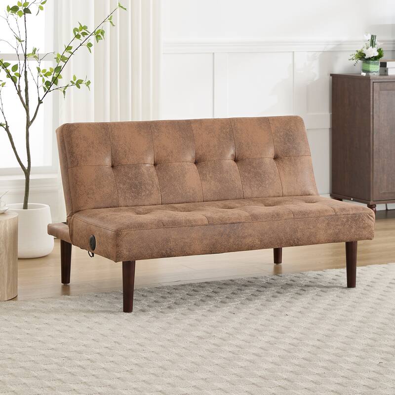 Roomfitters Foldable Flannel Sofa Bed, Adjustable Recliner Futon with Charging Port for Living Room, Bedroom or Office - Brown