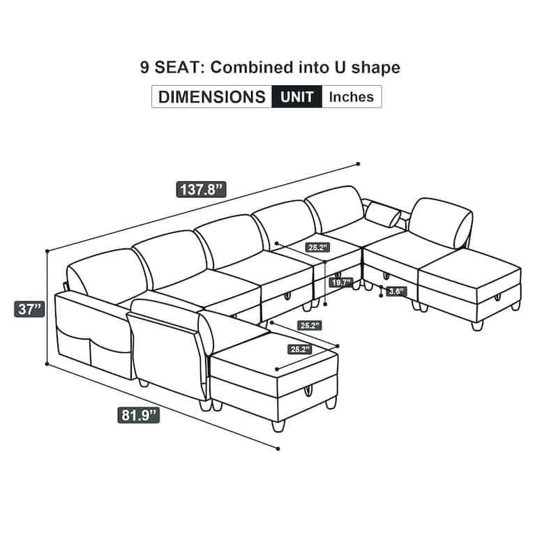 King Sofa Bed Modular Set 9 Seats, Storage Sectional Sofa Couch in