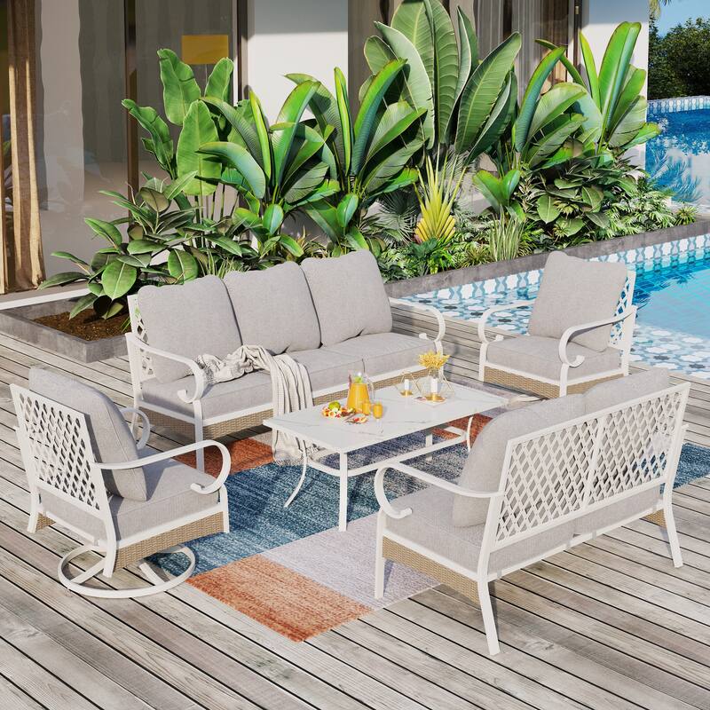 MAISON ARTS 7-Seat Patio Conversation Set, 2/4 x Cushioned Metal Chair, 1 x 2-Seat Sofa,1 x 3-Seat Sofa with Coffee Table