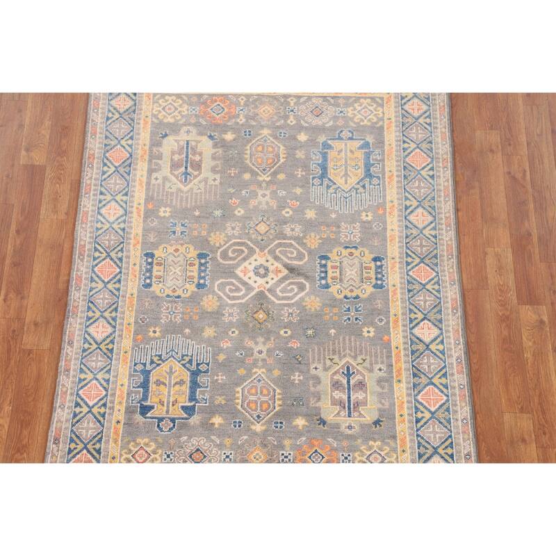 Gray Geometric Kazak Oriental Area Rug Handmade Bedroom Wool Carpet - 4'0"x 5'10"