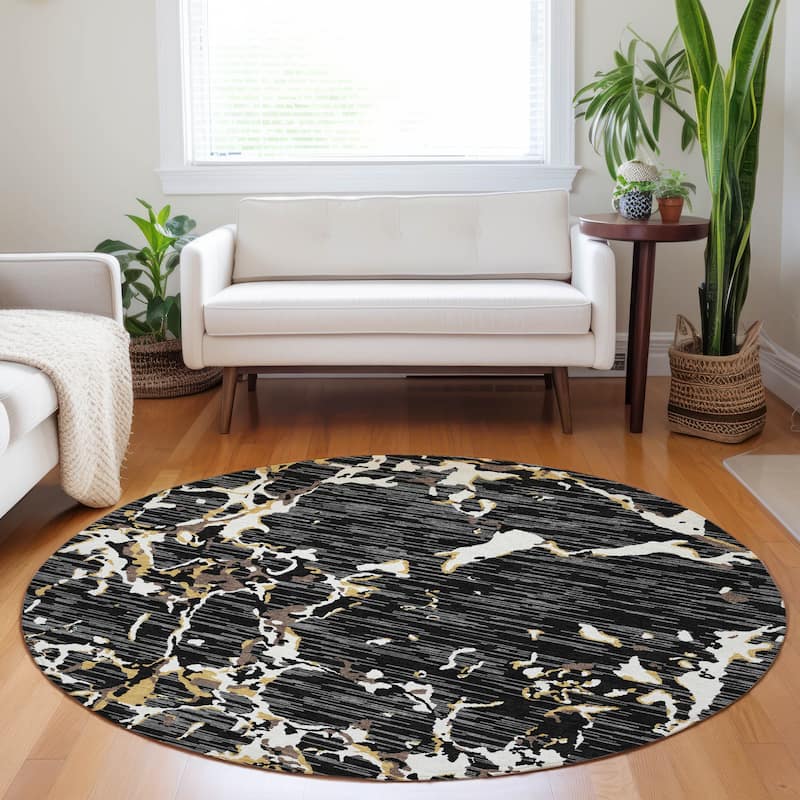 Machine Washable Indoor/ Outdoor Abstract Camo Chantille Rug - Black - 8' x 8'