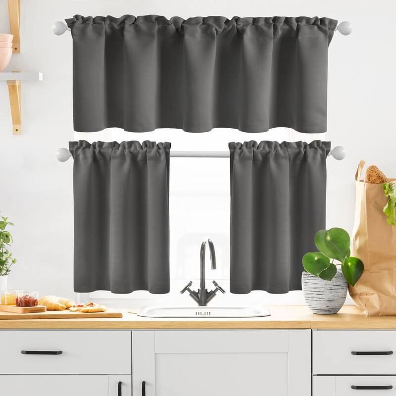Rod Pocket Kitchen Curtain Valance and Tiers Set - 52x18+26x36 - Grey