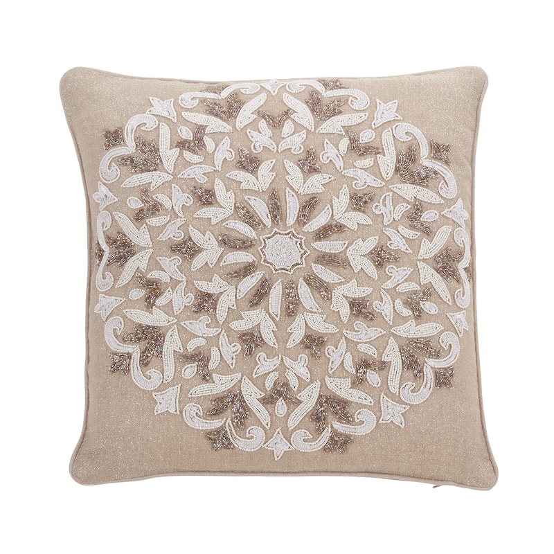 Throw Pillow Cover With Beaded and Embroidered Design - 18" - Down
