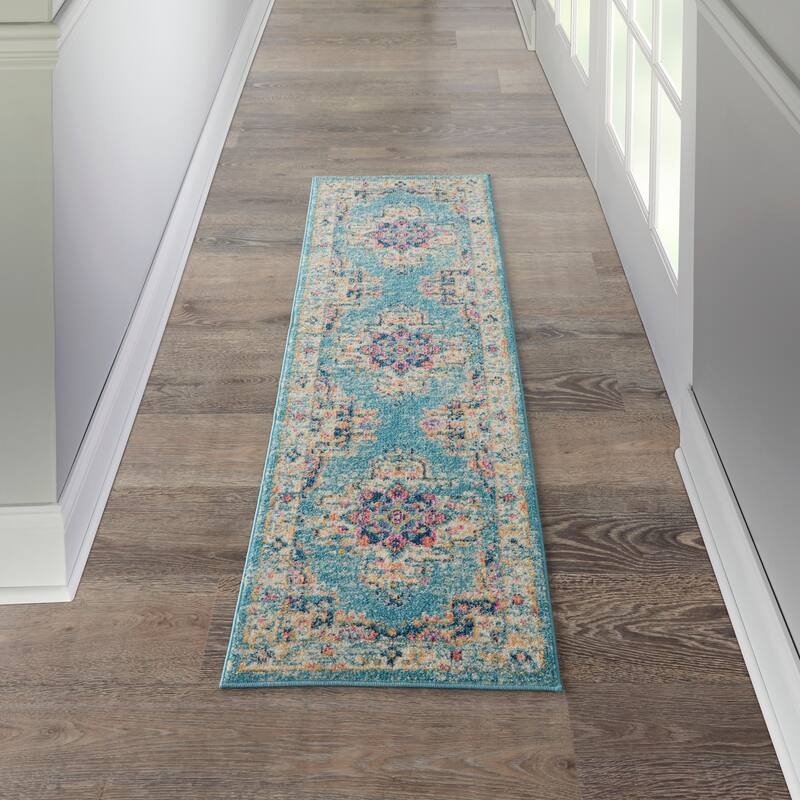Porch & Den Dobbin Vintage Persian Medallion Farmhouse Area Rug - 1'10" x 6' Runner - Light Blue