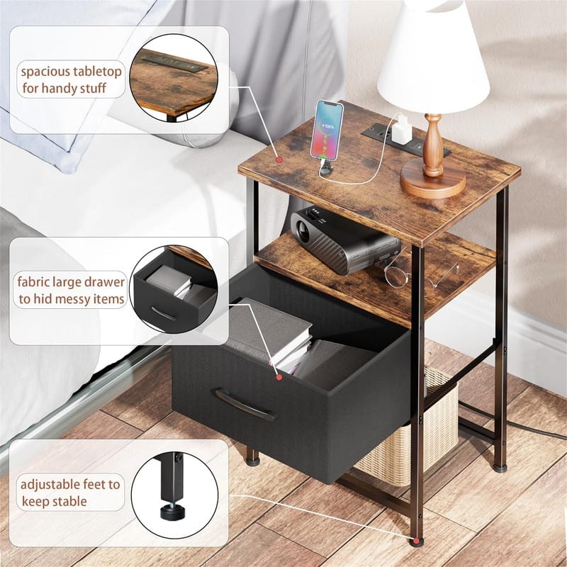 Nightstands Set of 2 with Charging Station and Drawer