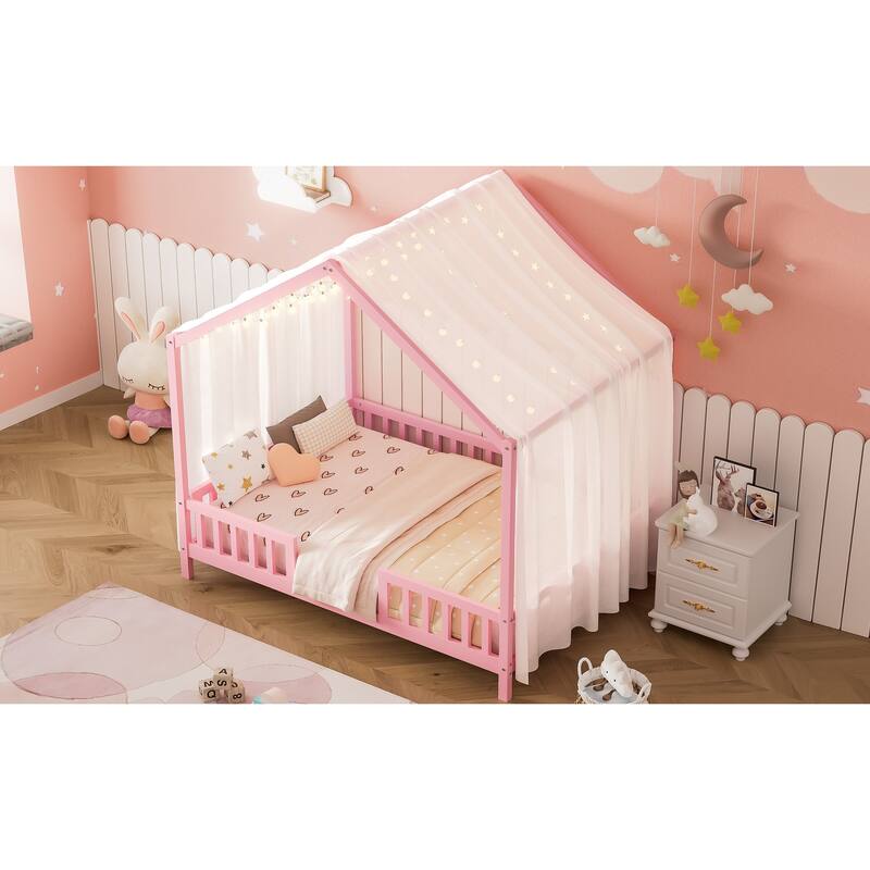 Montessori Floor Bed with Canopy, Full Bed Frame for Kids, House Shape Toddler Bed Frame with High Railings,Full
