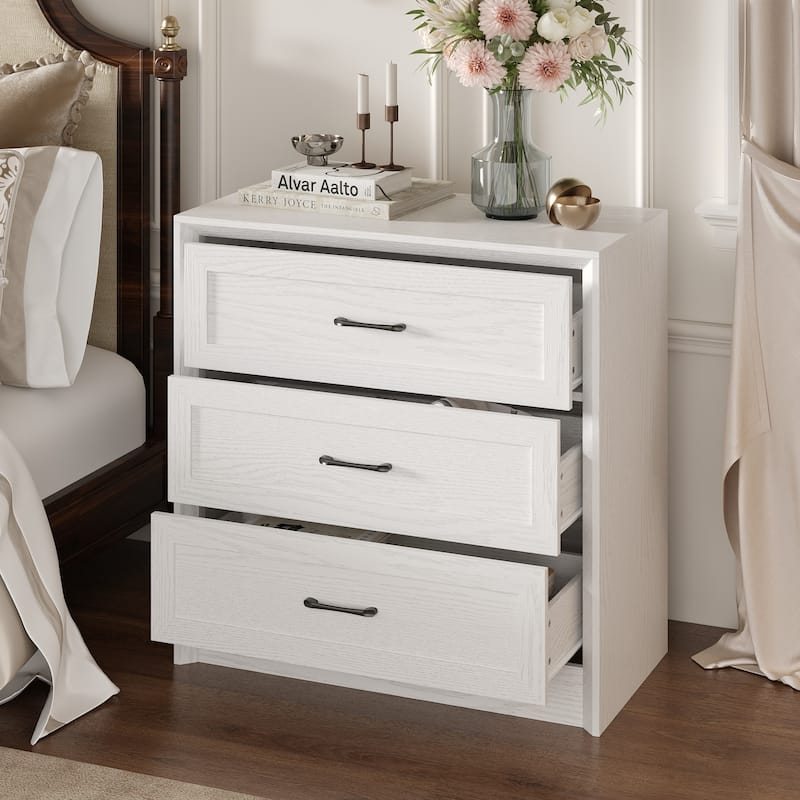 Modern 3-Drawer Wood Dresser for Bedroom, Wide Storage Chest with Metal Handles, Nightstand Cabinet