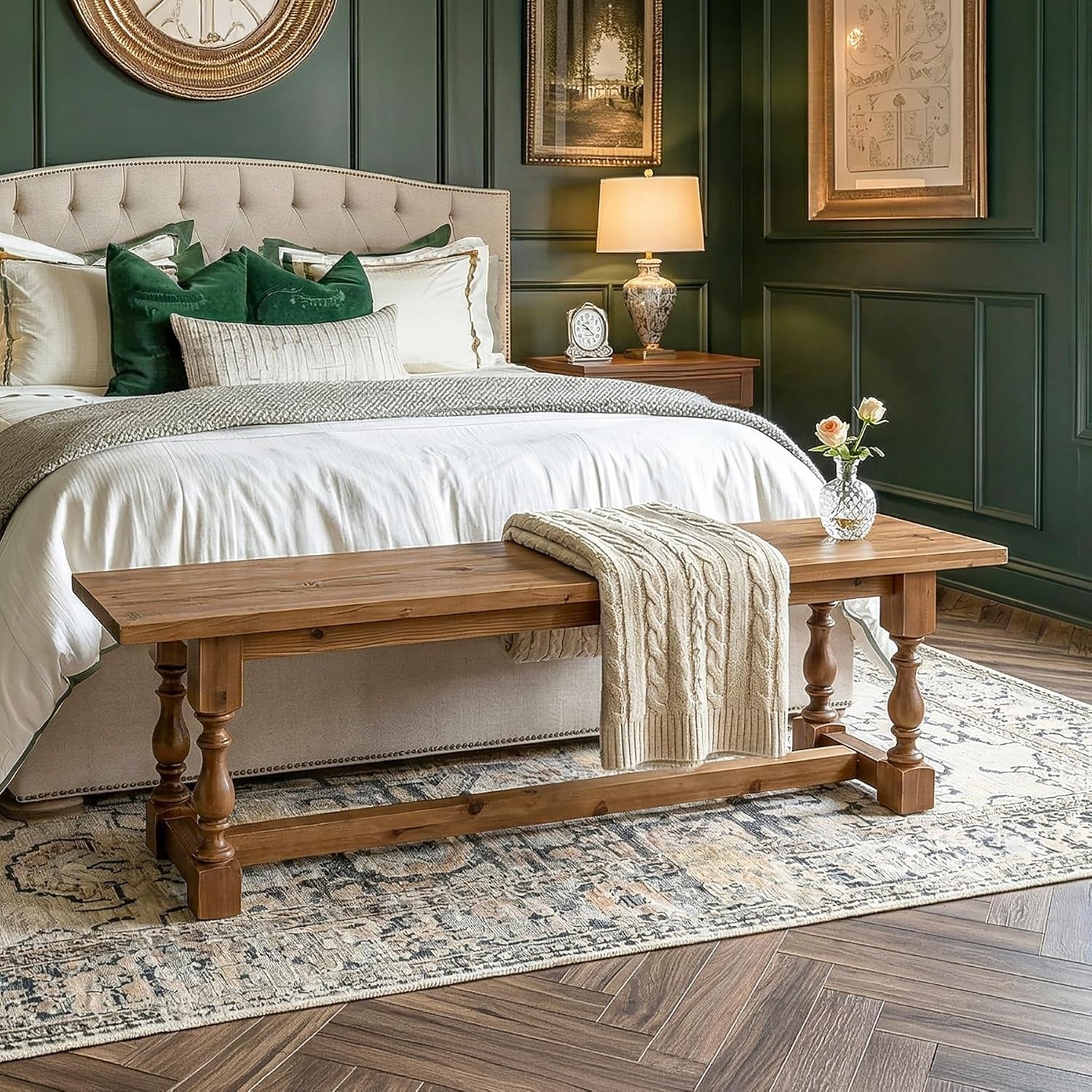 59.1" Long Rustic Solid Wood Entryway Bench, Farmhouse Dining Seat with Turned Legs, End of Bed Bench