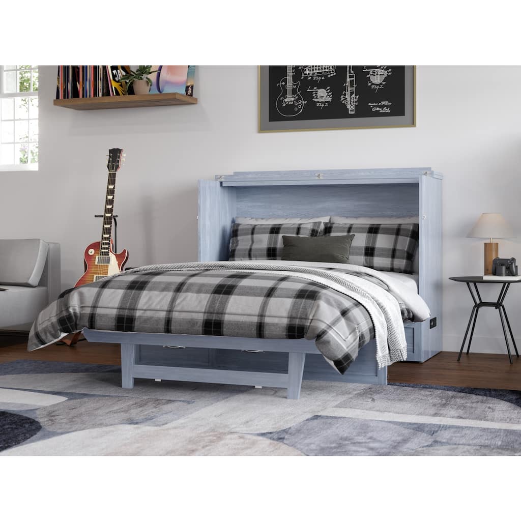 Full Murphy Bed Chest with Mattress & USB - Solid Wood Folding Bed - Driftwood Finish
