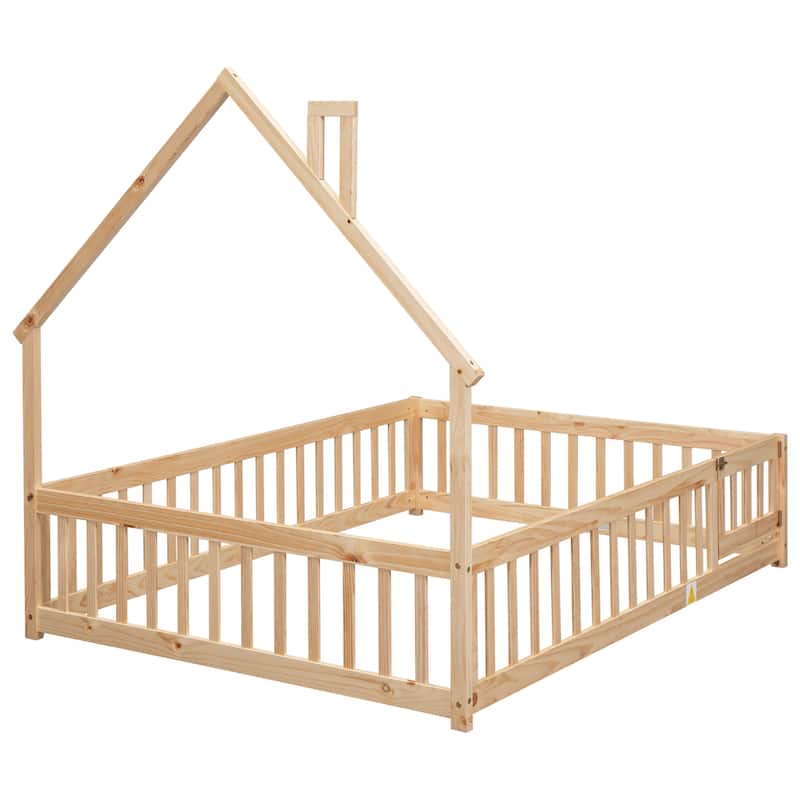 House-Style Twin Floor Bed with Fence, Pine Wood Bed Frame for Kids