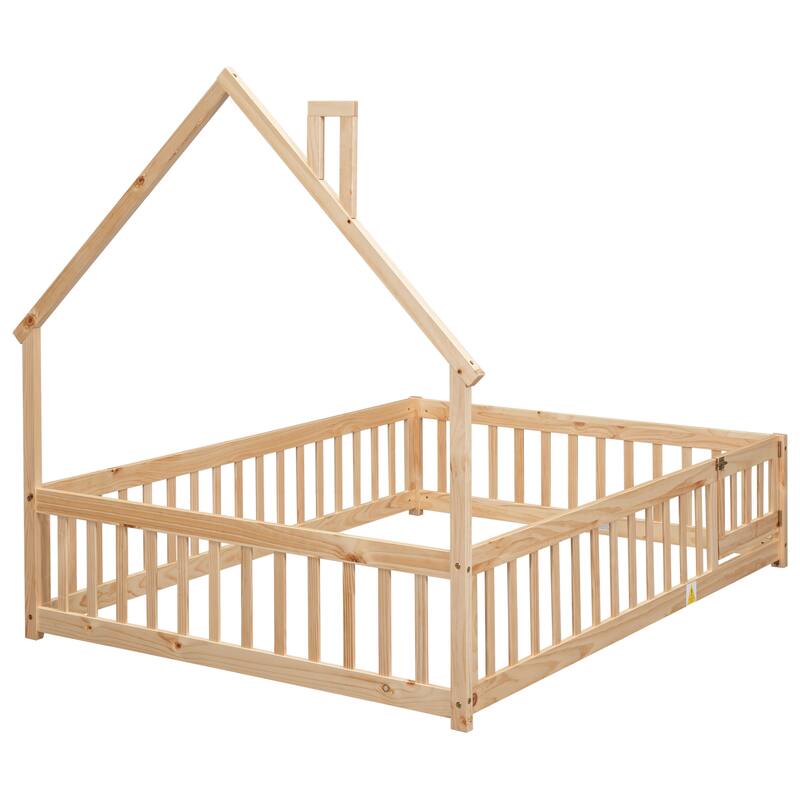 Twin House-Shaped Headboard Floor Bed with Fence, Fun & Safe Kids Bed
