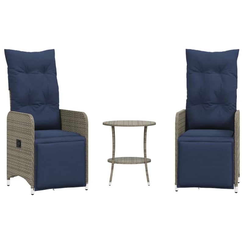 vidaXL Reclining Patio Chairs 2 pcs with Table Gray Poly Rattan - 21.5" x 23" x 36.2"