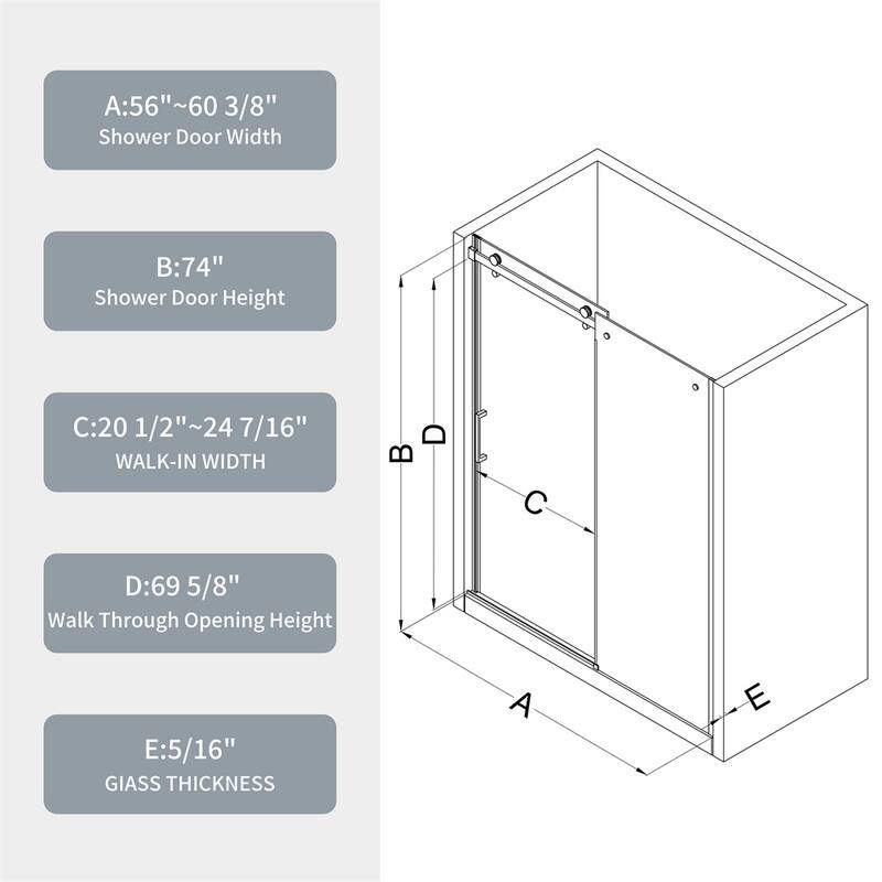 Bathroom Glass Shower Sliding Door with 5/16" Tempered Glass