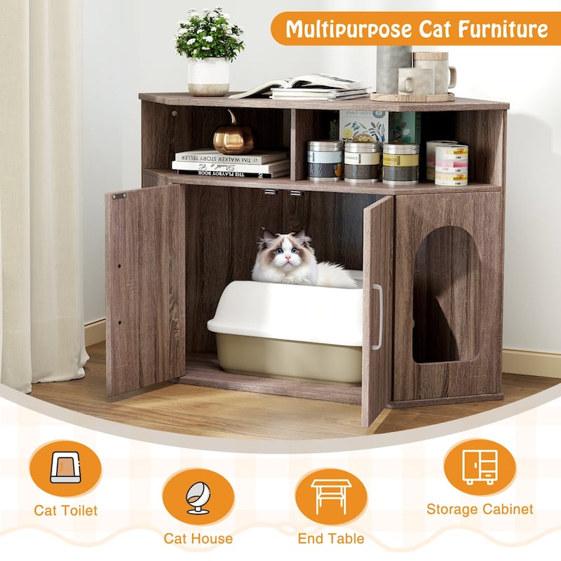 Grey Engineered Wood Cat Litter Box Cabinet with Storage and Corner Design