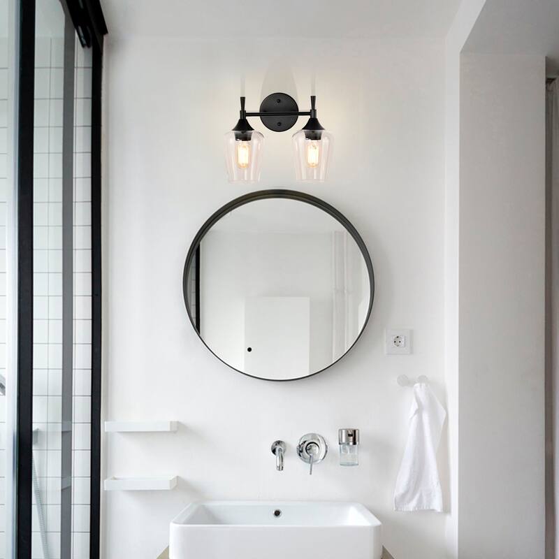 Matte Black 2-Light Modern Vanity Light with Clear Wine Glass Shades