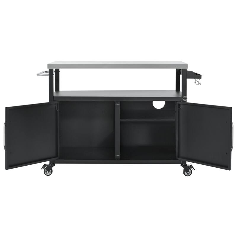 Metal Kitchen Island with Stainless Steel Tabletop, Rolling Spice Storage Cabinet w/Towel Rack and 4 Lockable Wheels for Kitchen