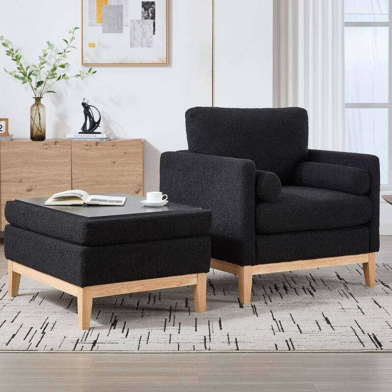 Boucle Armchair with Storage Ottoman - 300lb Capacity, Farmhouse Style