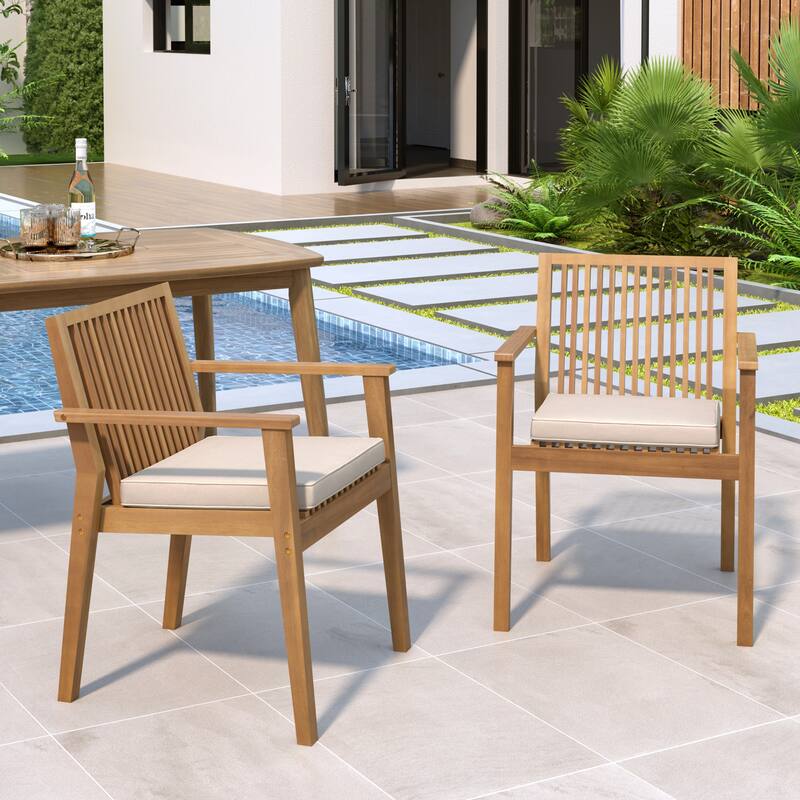 Roomfitters Patio Dining Chairs, Acacia Wood Armchairs with Cushions, Outdoor Seating in Brown - Beige,Brown; Dining Chairs Set of 2