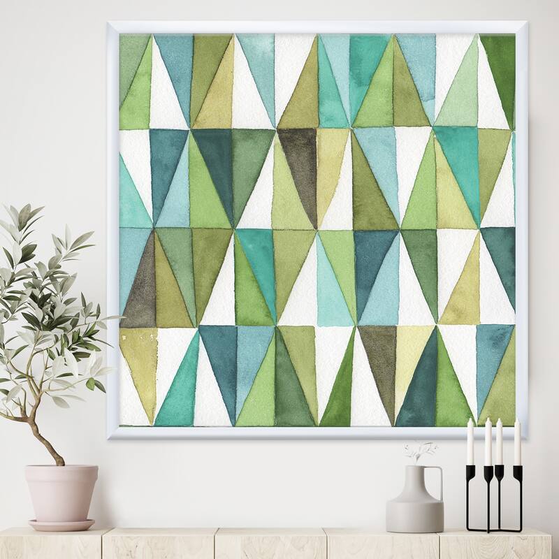 Designart "geometric Green Triangle III" Mid-Century Modern Transitional Framed Art Print - 46 in. wide x 46 in. high - White