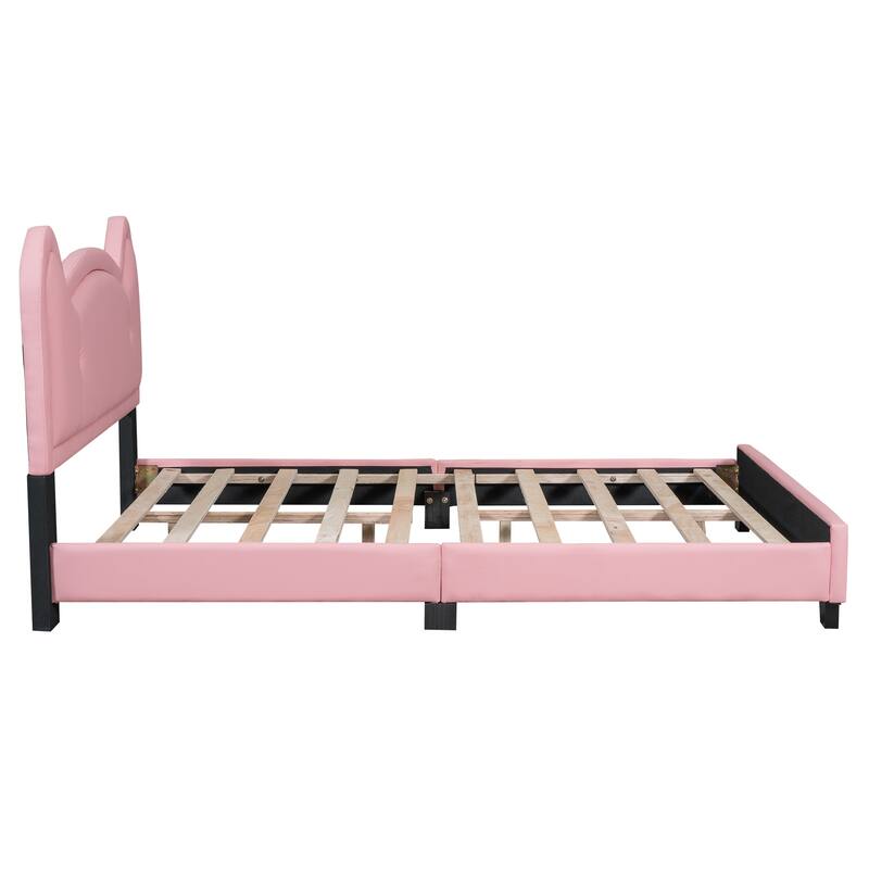 Full Size Kids Platform Bed Upholstered Bed with Cute Cat Ears Shaped ...