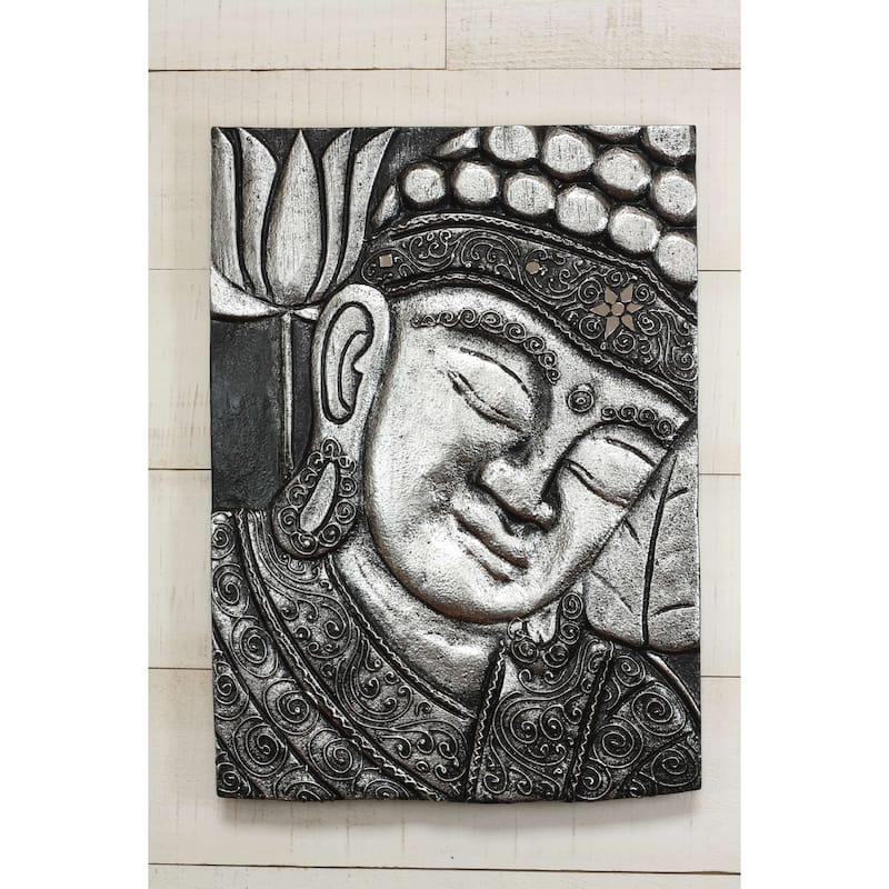16" Silver Buddha Wall Panel Hand Carved Decorative Wood Relief, Zen Spiritual Wall Art - Silver