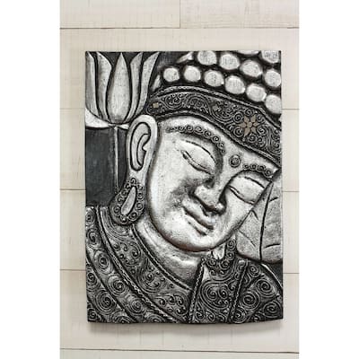 16" Silver Buddha Wall Panel Hand Carved Decorative Wood Relief, Zen Spiritual Wall Art