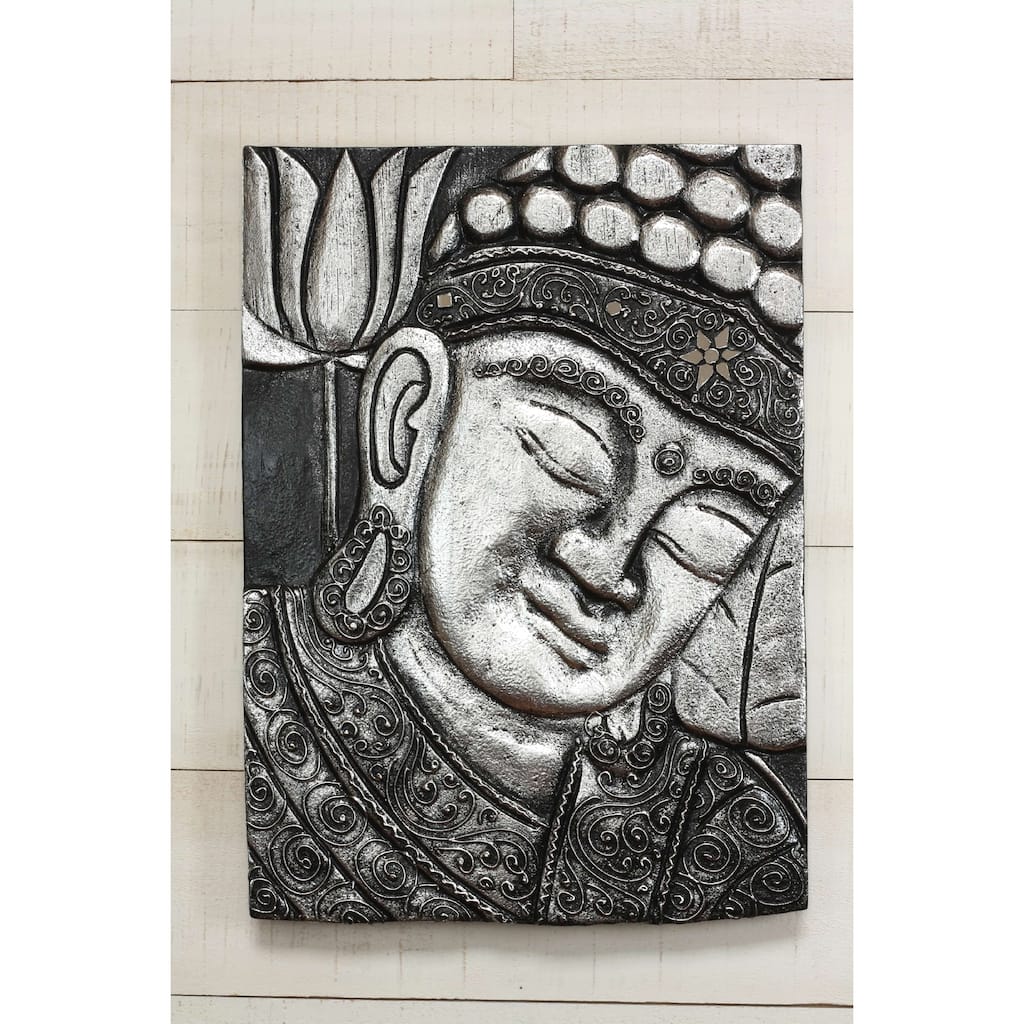 16" Silver Buddha Wall Panel Hand Carved Decorative Wood Relief, Zen Spiritual Wall Art