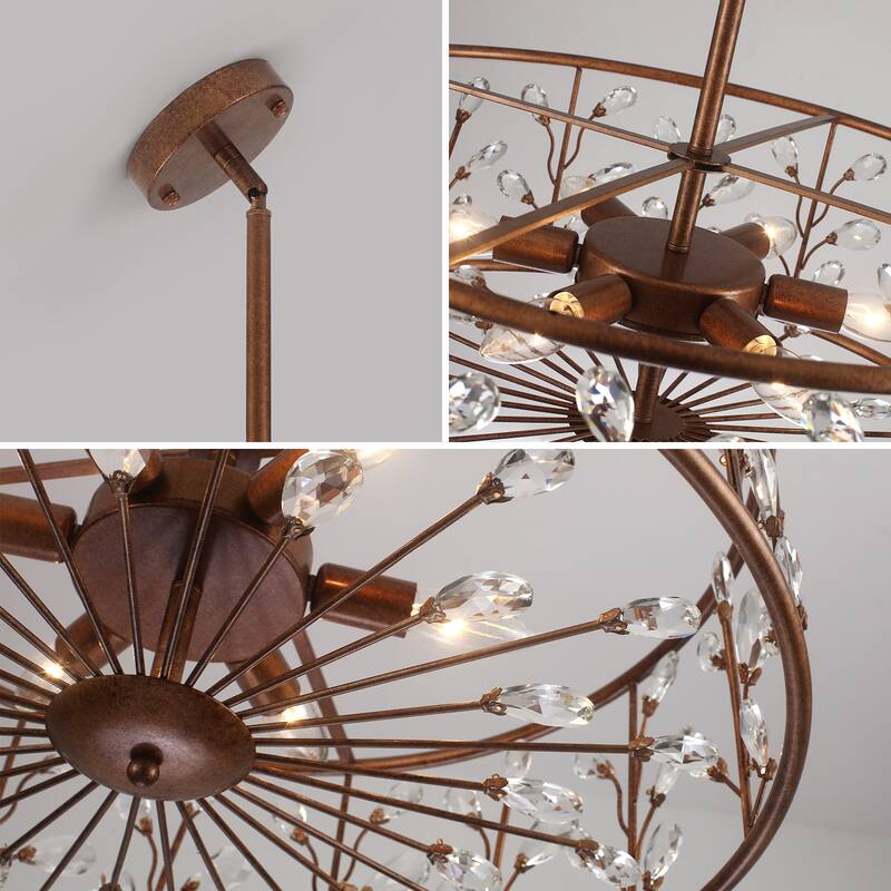 Rustic Antique Bronze Crystal Drum Chandelier for Dining Room - W23.62"