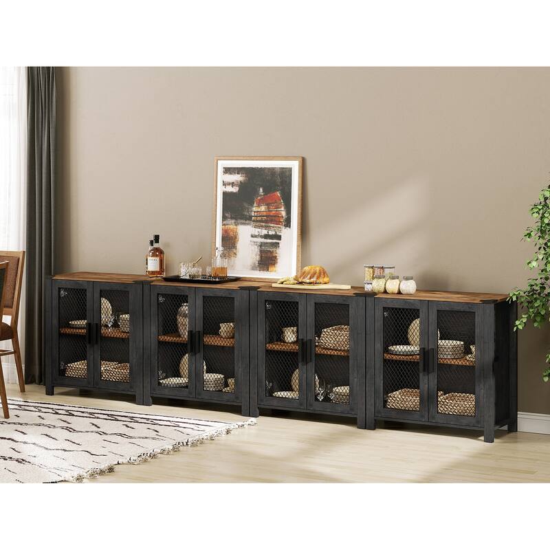 Sideboard Buffet Cabinets with Mesh Door and Adjustable Shelf - Dark Walnut and Black - 4 Pack