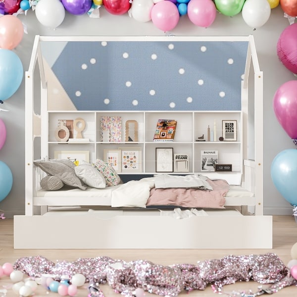 slide 2 of 27, Modern Twin Size House Bed Kids Bed with Trundle and Shelf,Solid Construction White