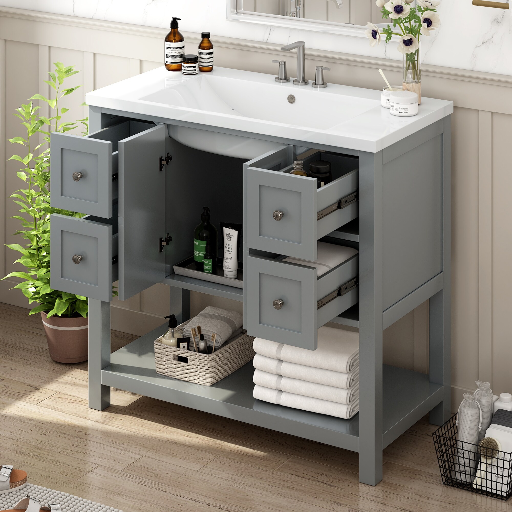 36" Modern Bathroom Vanity With Sintered Stone Top & Undermount Sink - 4 Drawer Solid Wood Cabinet, Waterproof, Adjustable Legs, Free-Standing Or Wall-Mount