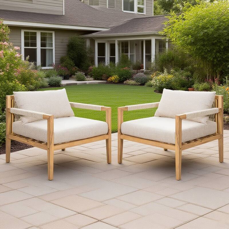 Christopher Knight Home - Modern Outdoor Acacia Wood Rope Club Chair and Square Side Table Set with Water-Resistant Cushions