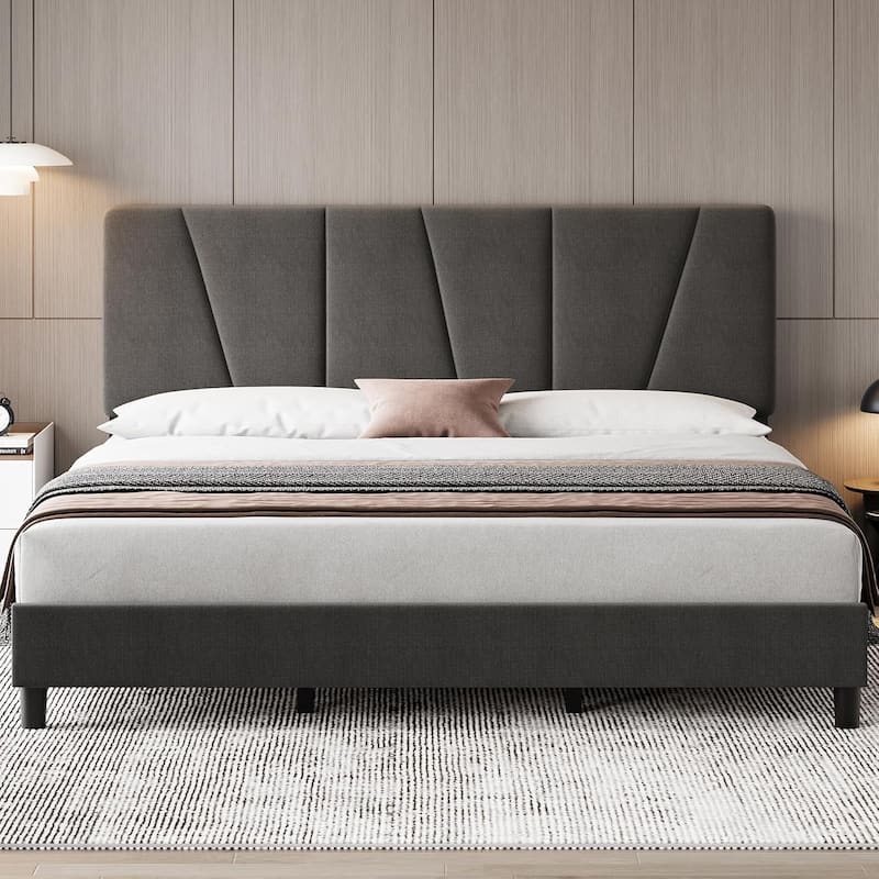 Linen Upholstered Platform Bed Frame with Strong Wooden Slats