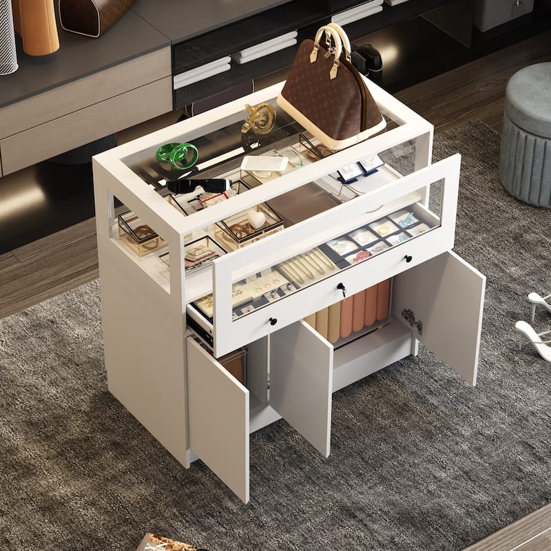 Jewelry and Display Cabinet with Glass Top and Secure Storage Dresser