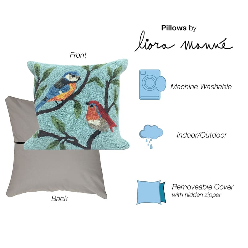 Liora Manne Frontporch Birds On Branches Indoor/Outdoor Pillow Aqua 18" Square
