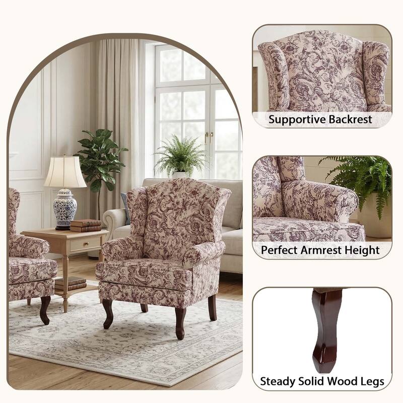 2 Set Traditional Rolled Arm Wing Back Accent Chair
