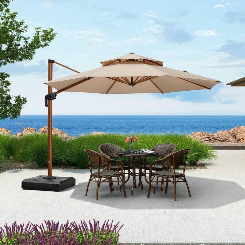 PURPLE LEAF 11ft Round Wood Pattern Patio Cantilever Umbrella with Base - Beige