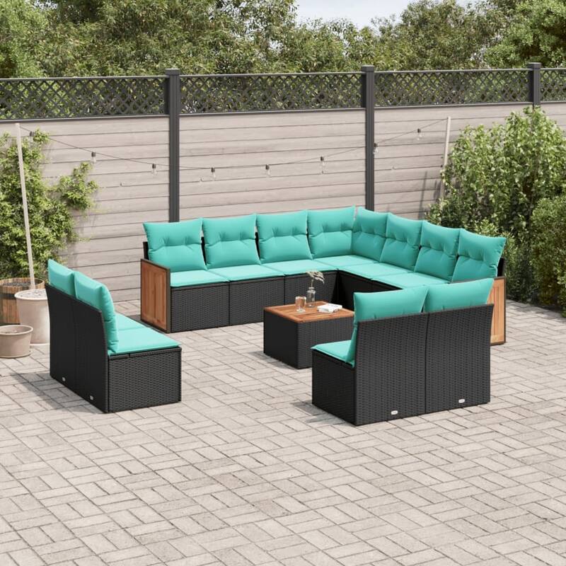 vidaXL 11/12 Piece Patio Sofa Set with Cushions Black/Gray Poly Rattan - 21.7 x 24.4 x 27.2 - Black With table