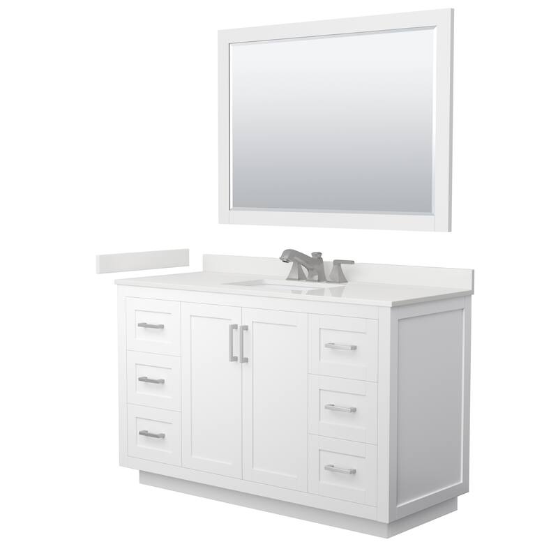 Miranda 54-inch Single Vanity, Quartz Top, 46-inch Mirror - White, Nickel Trim, White Quartz Top