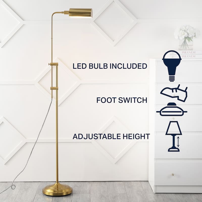 Louis 63" Industrial Minimalist Height-Adjustable Iron Pharmacy LED Floor Lamp, Brass Gold by JONATHAN Y