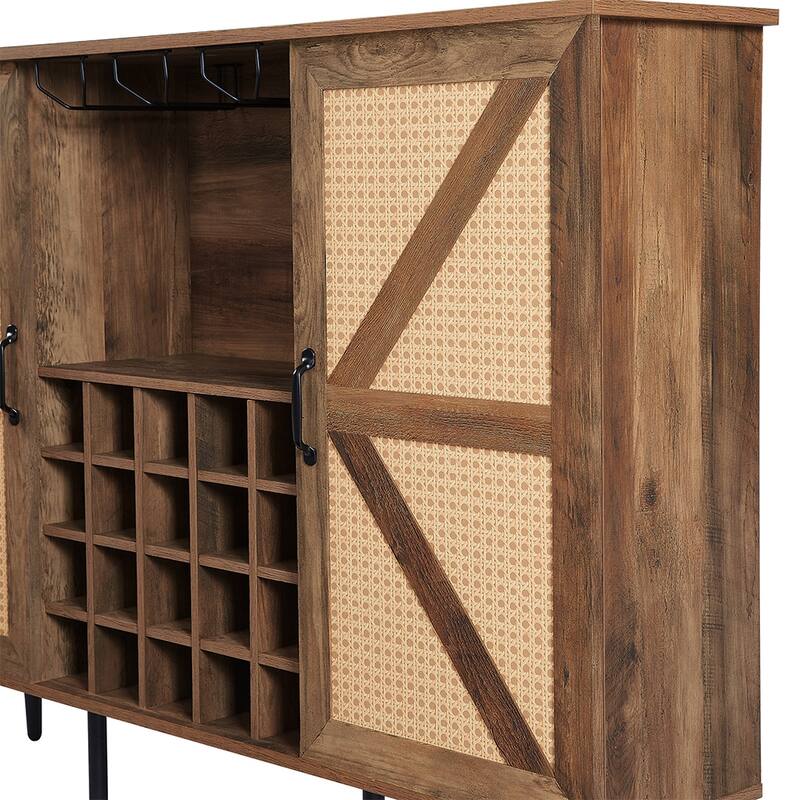 Rattan Wine Bar Cabinet 2-Door Farmhouse Liquor Cabinet with Wine Rack & Glass Holder, Sideboard - 55.11L*12.6W*38.19H