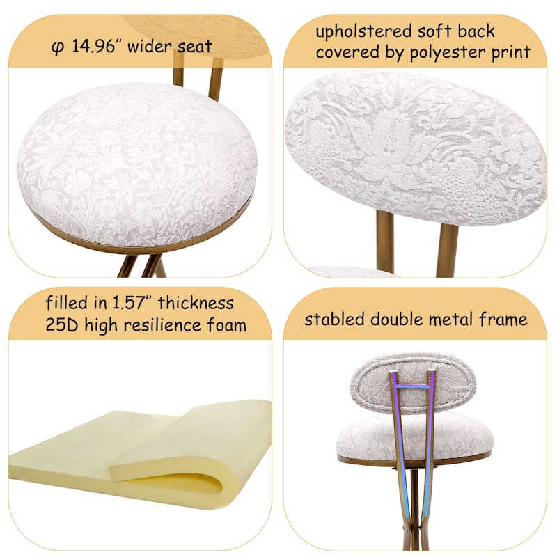 S-shaped Bar Stools Set of 2, Floral Print Upholstered Dining Chairs, Kitchen Bar Stools with Metal Frame & Footrest