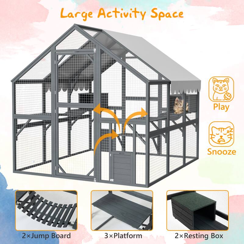 Premium Outdoor Cat Run - 82" Wooden Catio Mansion with Bridges, Paths, Cabins & Roof Cover