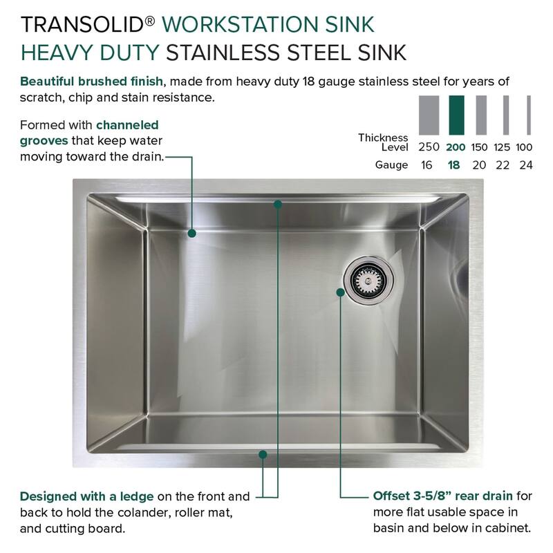 Transolid KWSSU271910 27-in X 19-in X 10-in 18-Gauge Undermount Stainless Steel Kitchen Workstation Sink