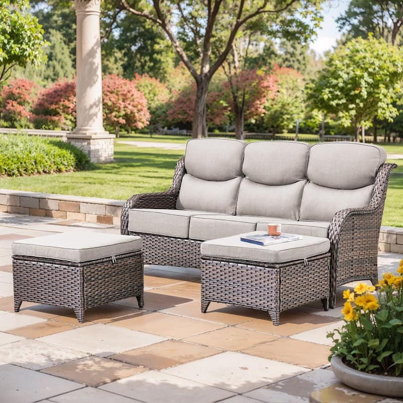 Outdoor Sofa with 6-Inch Thick Cushions Furniture for Porch - Brwon Wicker Beige Cushion - 3PCS Sofa w/ Ottoman