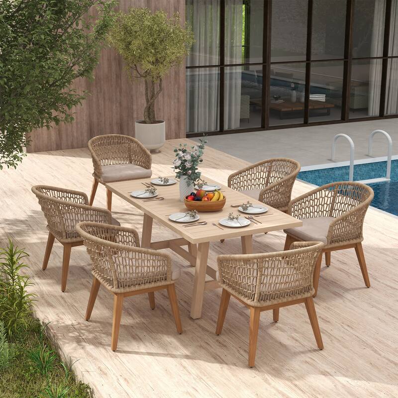 Outdoor 7-Piece Woven Rope Dining Chair and Wood Table Set