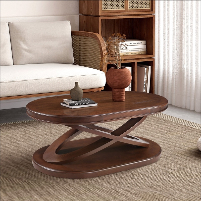 Solid Wood Oval Coffee Table with X-Shaped Base for Living Room